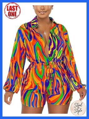 Plus Size Floral Romper Long Sleeve Deep V Neck Elastic Waist Short Jumpsuit